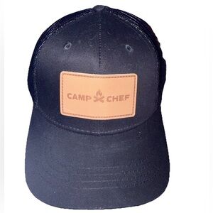 CAMP CHEF hat black adjustable snapback cap leather patch